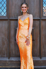 Long Prom Dress with Sparkly Orange Sequins in Mermaid Style