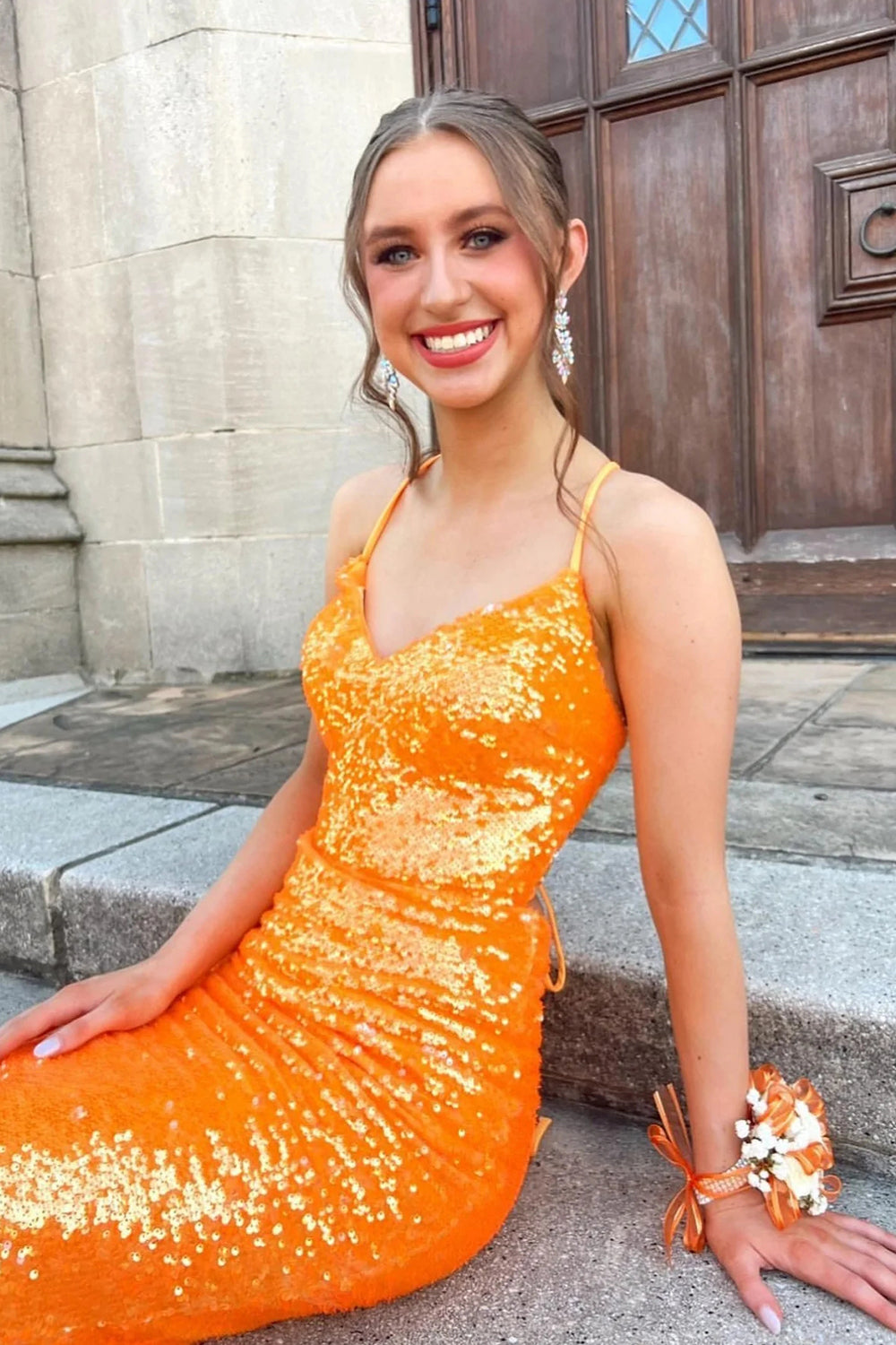 Long Prom Dress with Sparkly Orange Sequins in Mermaid Style