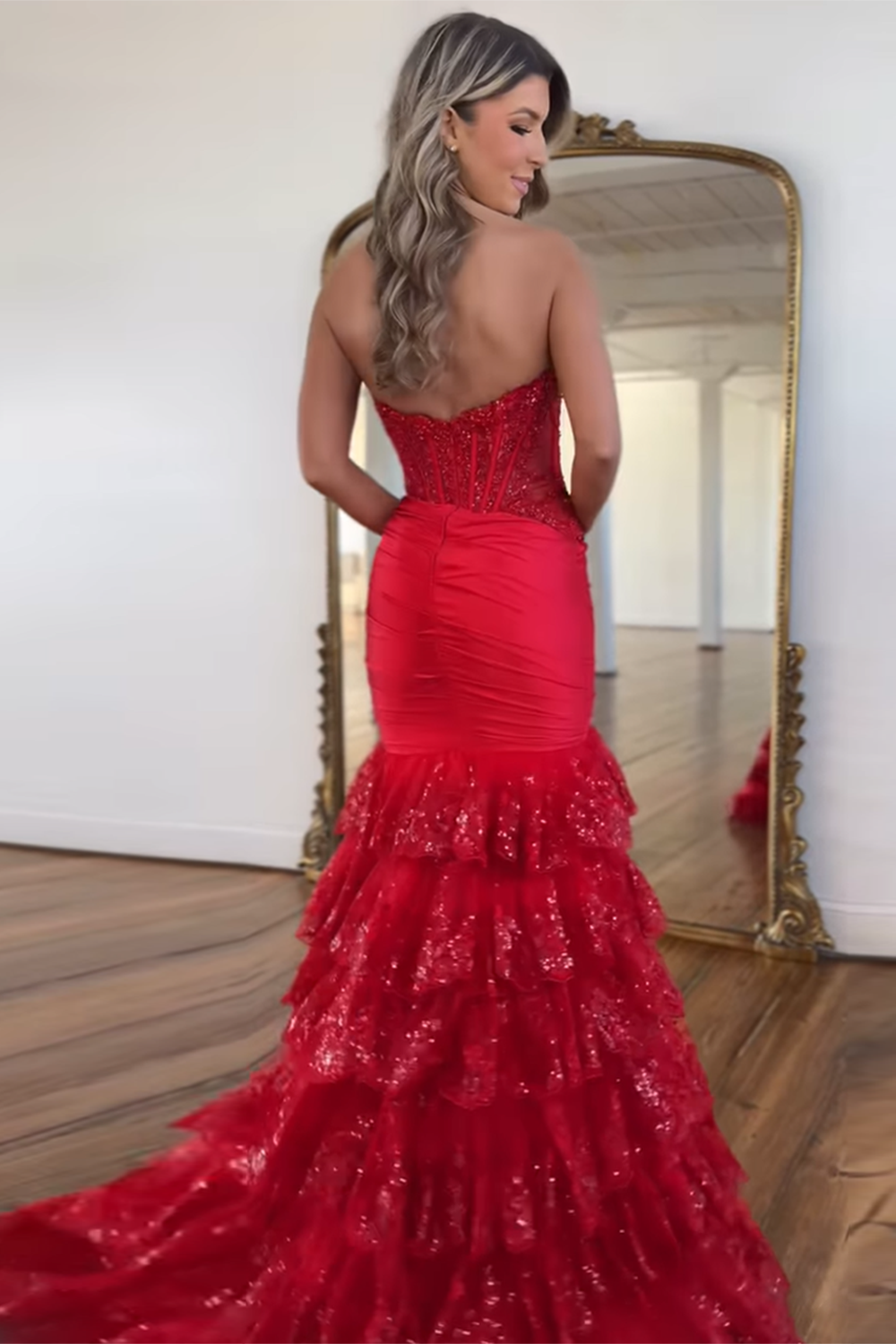 Long Red Mermaid Prom Dress with Ruffled Tulle and Lace Appliques Corset Long Red Mermaid Prom Dress with Ruffled Tulle and Lace Appliques Corset