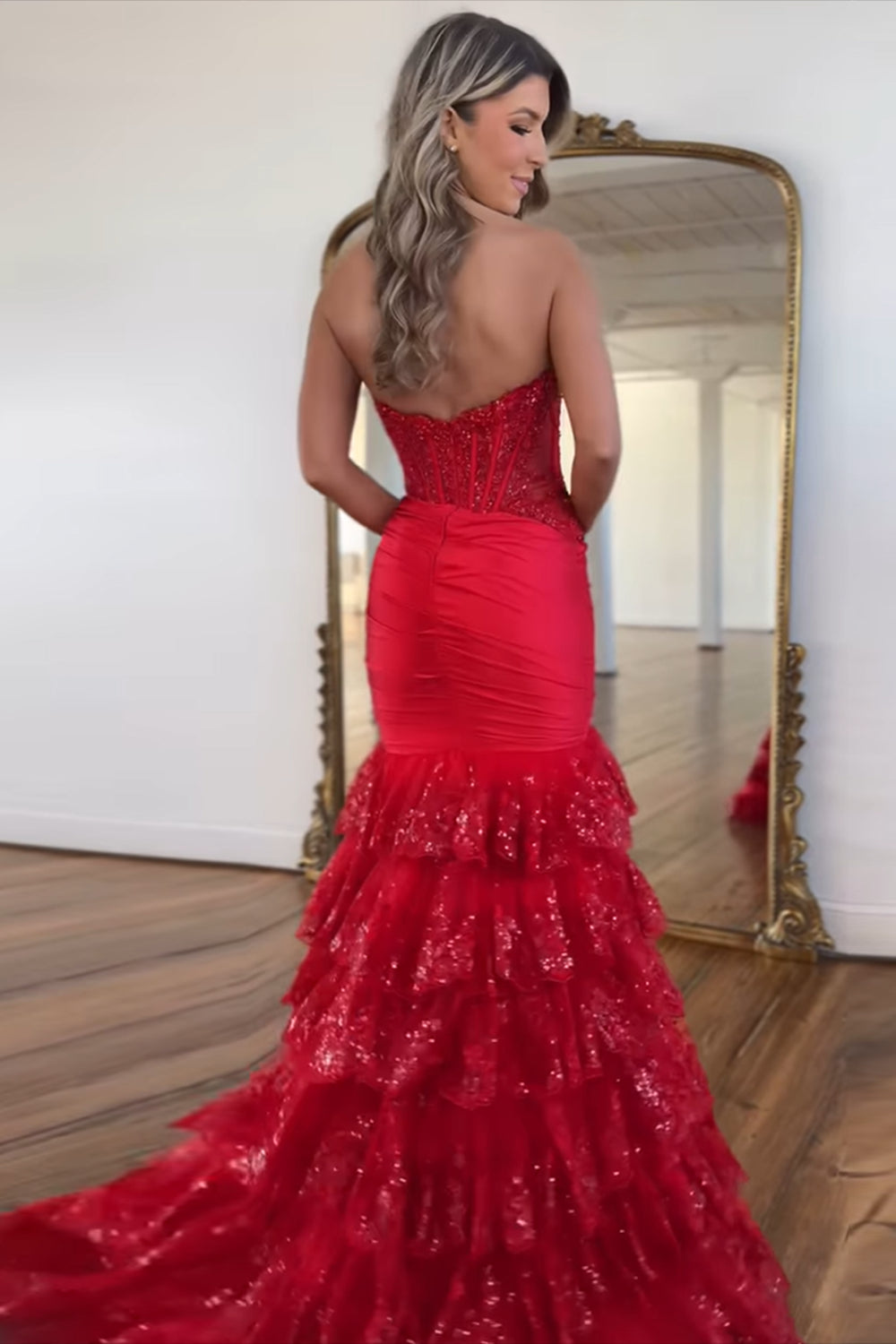 Long Red Prom Dress with Mermaid Silhouette Tulle Ruffles and Lace Appliques