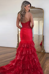Long Red Prom Dress with Mermaid Silhouette Tulle Ruffles and Lace Appliques