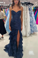 Long Red Prom Dress with Mermaid Silhouette Tulle Ruffles and Lace Appliques