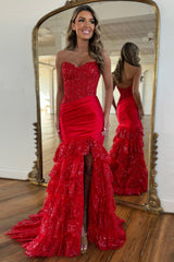 Long Red Prom Dress with Mermaid Silhouette Tulle Ruffles and Lace Appliques