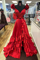 Long Red Prom Dress with V-Neck A-Line Cut Satin Fabric and Tiered Ruffles