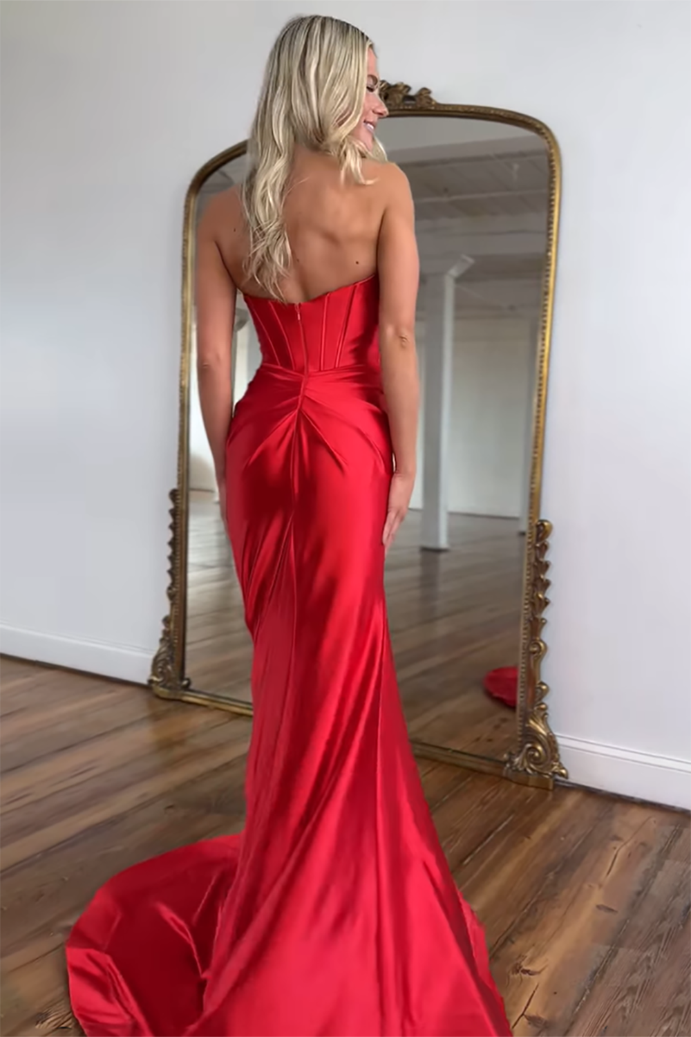 Long Red Satin Prom Dress with Sweetheart Neckline Mermaid Cut and Bow Detail