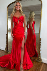 Long Red Satin Prom Dress with Sweetheart Neckline Mermaid Cut and Bow Detail