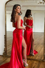 Long Red Satin Sweetheart Mermaid Prom Dress with Slit