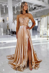 Long Ruched A-Line Prom Dress in Metallic Gold with Slit
