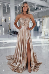 Long Ruched A-Line Prom Dress in Metallic Gold with Slit