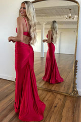 Long Satin Prom Dress with Fuchsia Mermaid Cut-Out and Spaghetti Straps