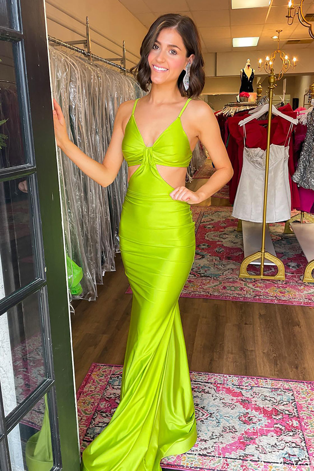 Long Satin Prom Dress with Fuchsia Mermaid Cut-Out and Spaghetti Straps