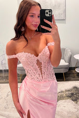 Long Satin Prom Dress with Lace in Pink Off the Shoulder Corset Style