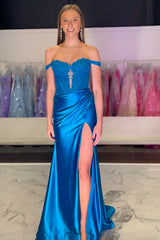 Long Satin Prom Dress with Lace in Pink Off the Shoulder Corset Style