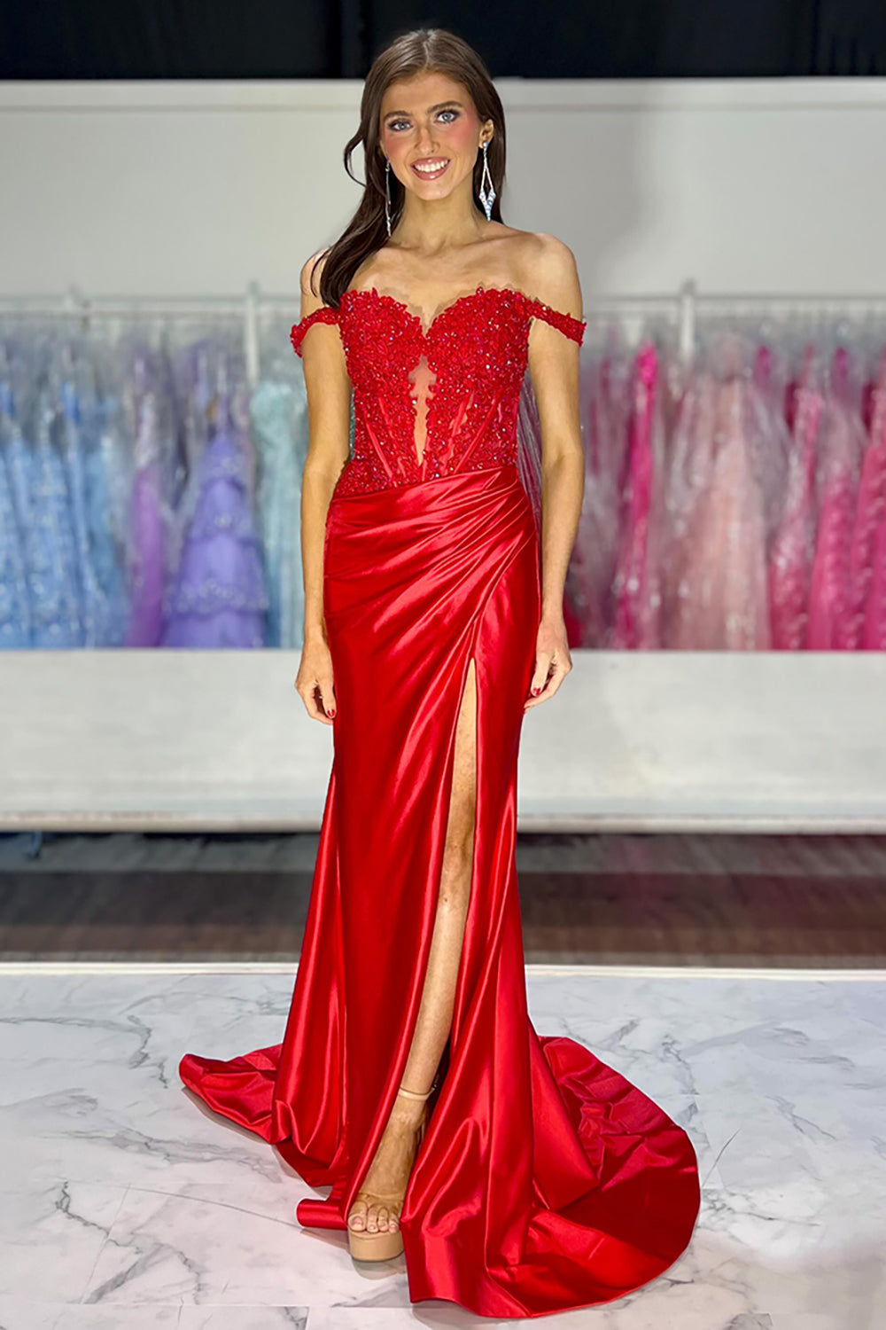 Long Satin Prom Dress with Lace in Pink Off the Shoulder Corset Style