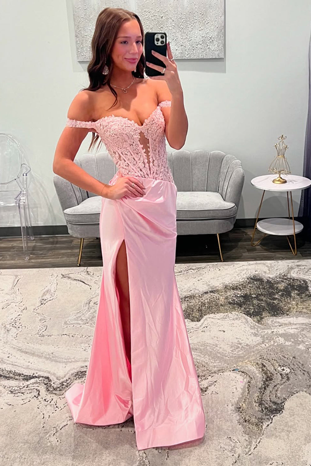 Long Satin Prom Dress with Lace in Pink Off the Shoulder Corset Style