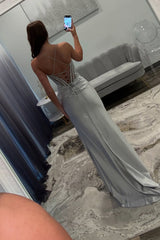 Long Satin Prom Dress with Sparkly Silver Corset and Spaghetti Straps Featuring a Slit