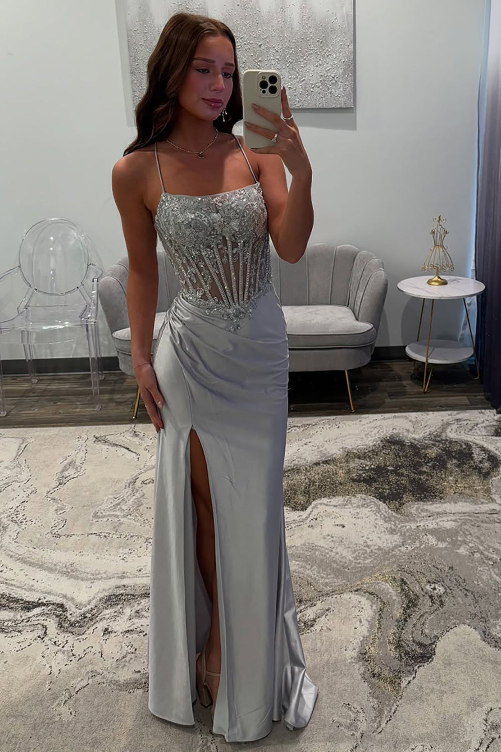 Long Satin Prom Dress with Sparkly Silver Corset and Spaghetti Straps Featuring a Slit