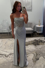 Long Satin Prom Dress with Sparkly Silver Corset and Spaghetti Straps Featuring a Slit