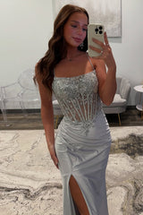 Long Satin Prom Dress with Sparkly Silver Corset and Spaghetti Straps Featuring a Slit