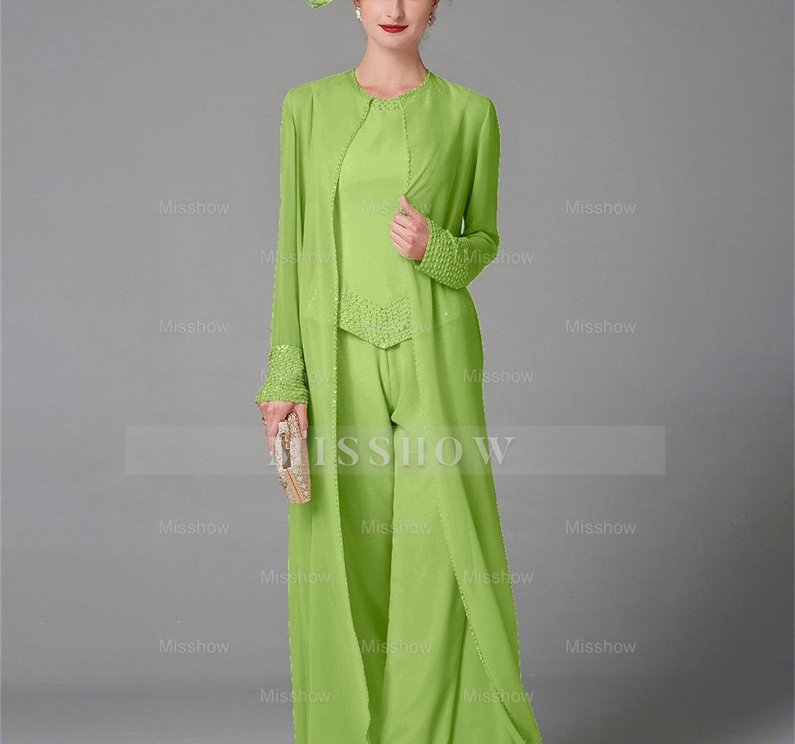 Long-Sleeve Chiffon Mother of the Bride Pantsuit with Jacket and Sequins