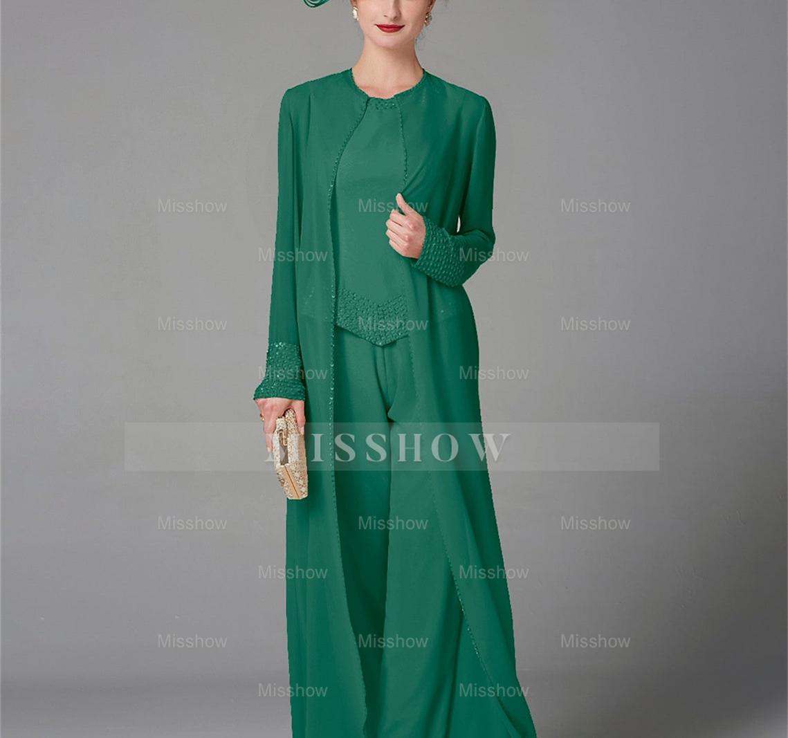 Long-Sleeve Chiffon Mother of the Bride Pantsuit with Jacket and Sequins