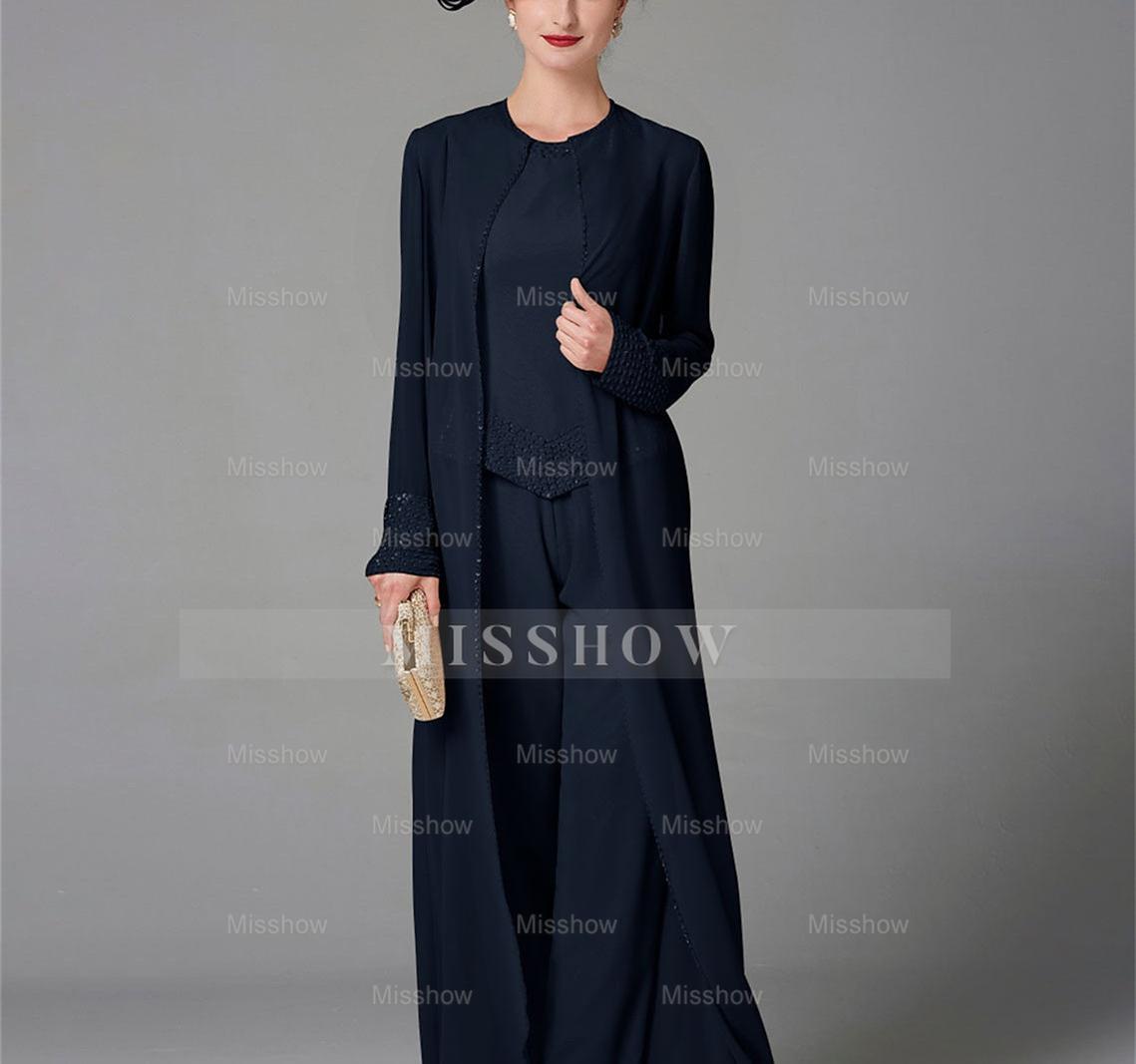 Long-Sleeve Chiffon Mother of the Bride Pantsuit with Jacket and Sequins
