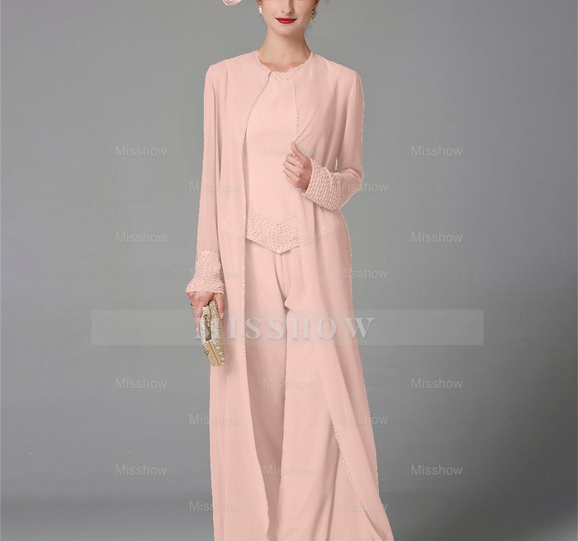 Long-Sleeve Chiffon Mother of the Bride Pantsuit with Jacket and Sequins