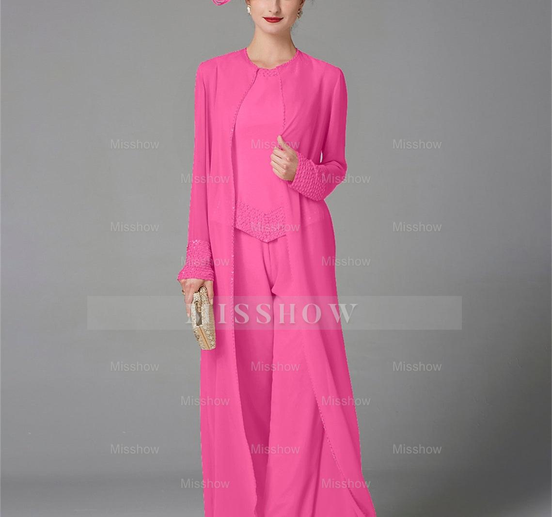 Long-Sleeve Chiffon Mother of the Bride Pantsuit with Jacket and Sequins
