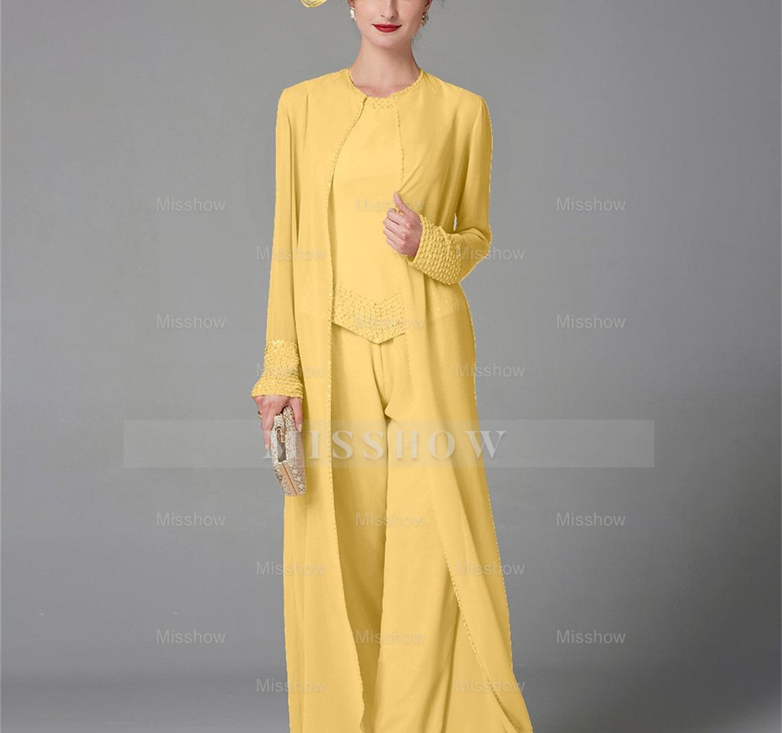 Long-Sleeve Chiffon Mother of the Bride Pantsuit with Jacket and Sequins