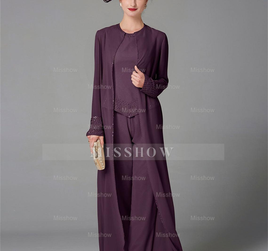 Long-Sleeve Chiffon Mother of the Bride Pantsuit with Jacket and Sequins