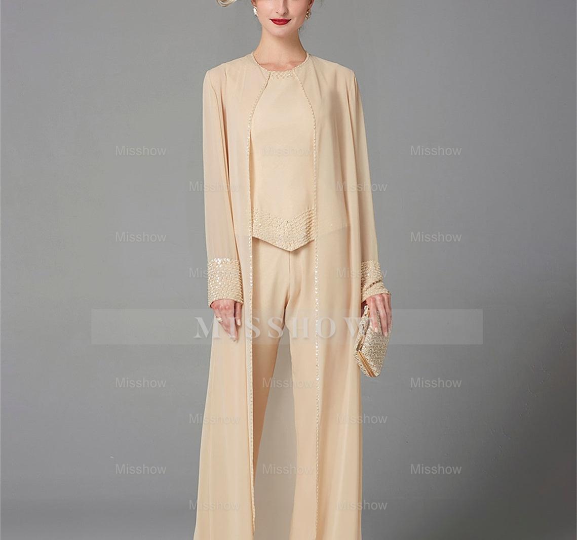 Long-Sleeve Chiffon Mother of the Bride Pantsuit with Jacket and Sequins