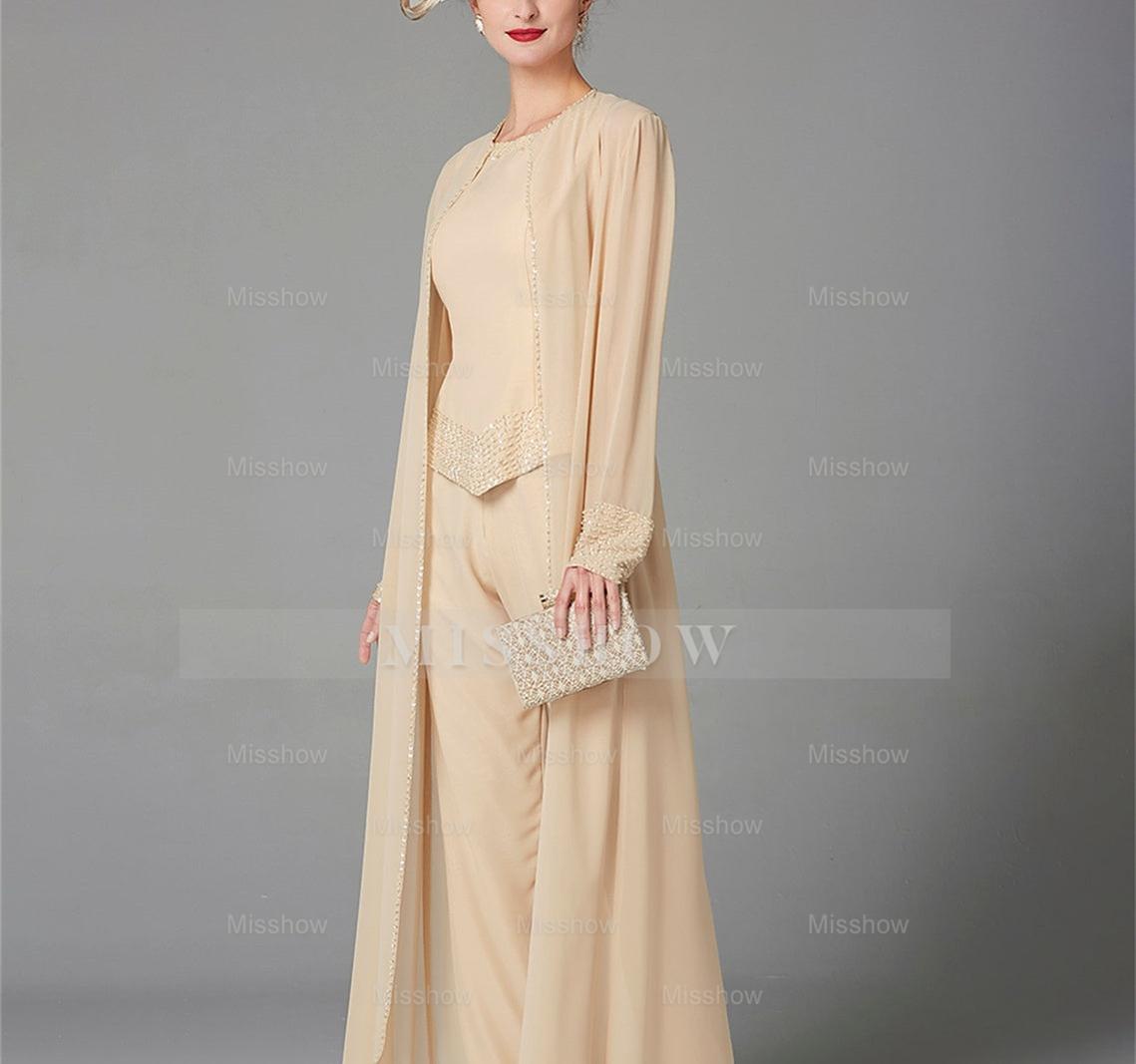 Long-Sleeve Chiffon Mother of the Bride Pantsuit with Jacket and Sequins