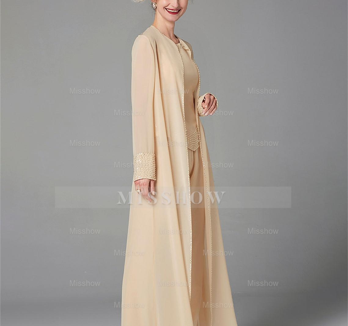 Long-Sleeve Chiffon Mother of the Bride Pantsuit with Jacket and Sequins