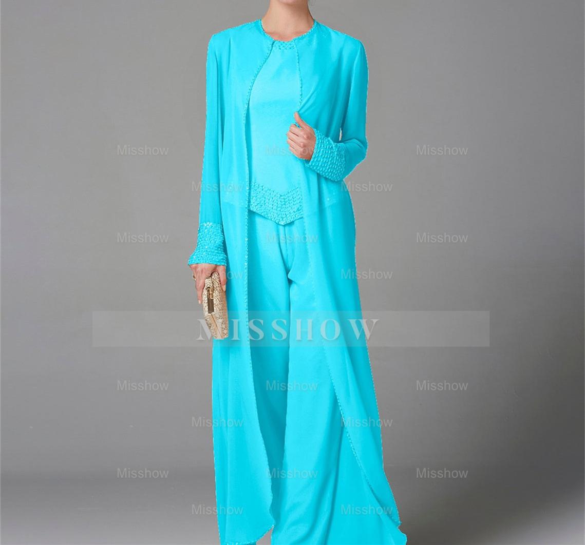 Long-Sleeve Chiffon Mother of the Bride Pantsuit with Jacket and Sequins