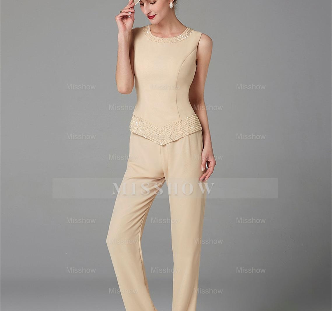 Long-Sleeve Chiffon Mother of the Bride Pantsuit with Jacket and Sequins