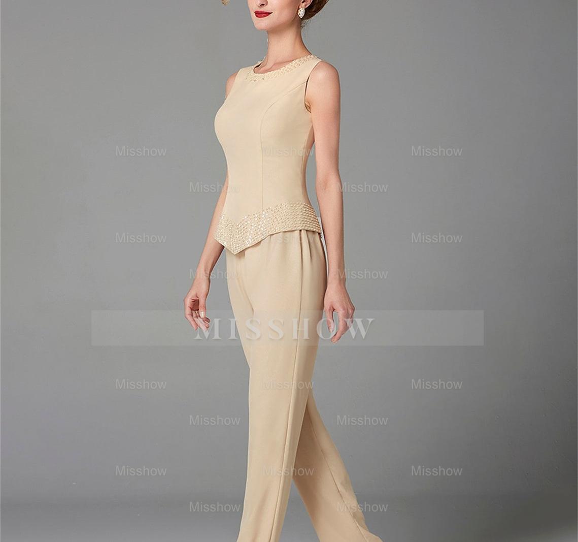 Long-Sleeve Chiffon Mother of the Bride Pantsuit with Jacket and Sequins