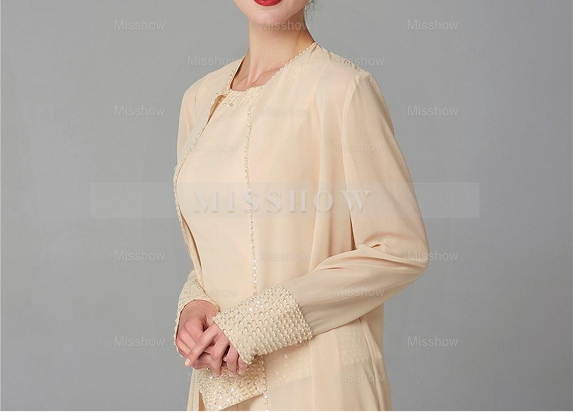 Long-Sleeve Chiffon Mother of the Bride Pantsuit with Jacket and Sequins