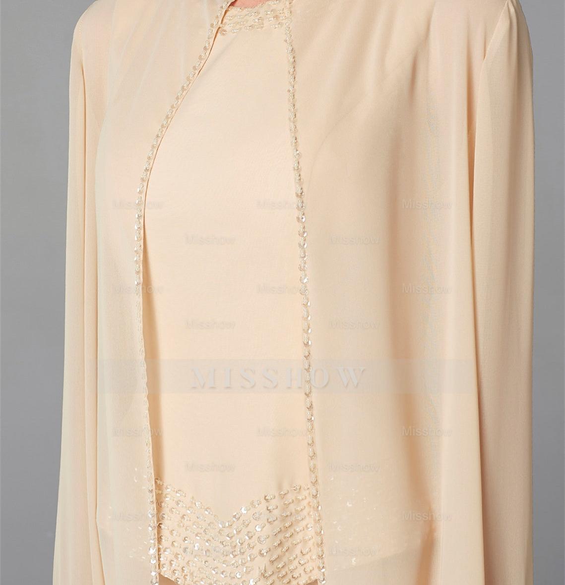 Long-Sleeve Chiffon Mother of the Bride Pantsuit with Jacket and Sequins