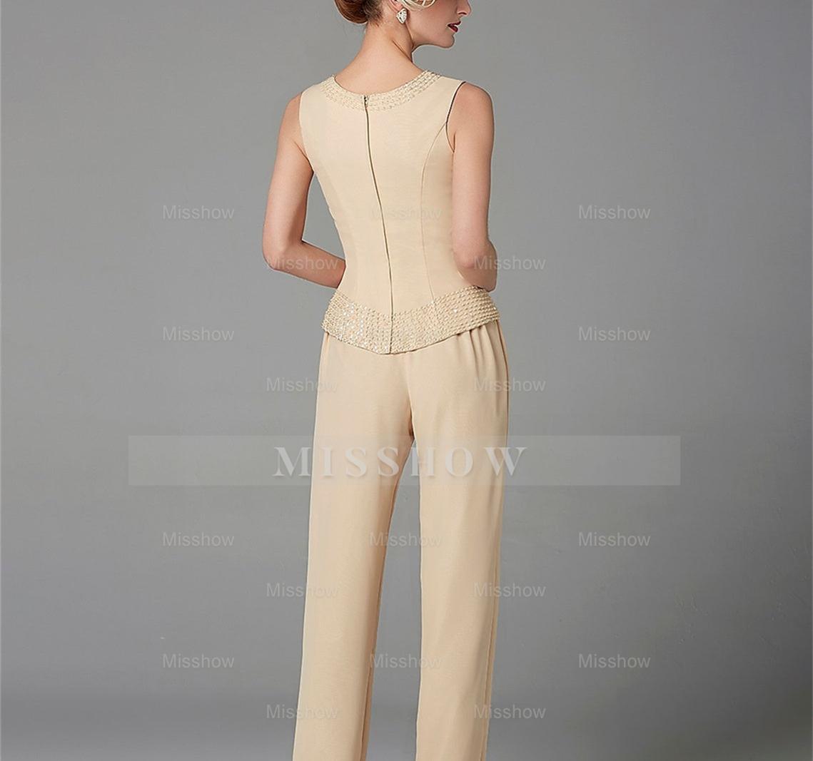 Long-Sleeve Chiffon Mother of the Bride Pantsuit with Jacket and Sequins