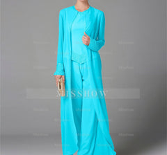 Long-Sleeve Chiffon Mother of the Bride Pantsuit with Jacket and Sequins