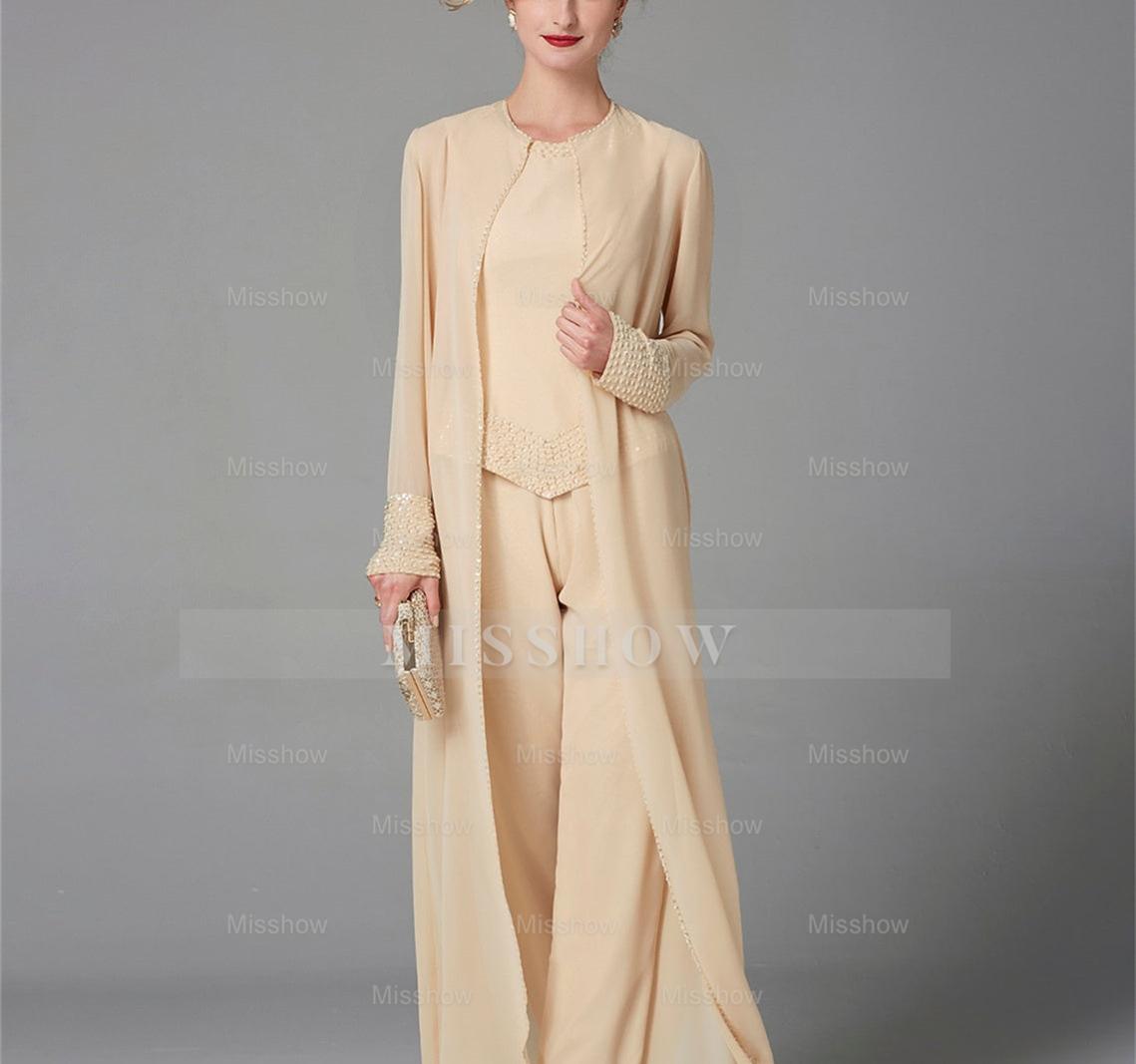Long-Sleeve Chiffon Mother of the Bride Pantsuit with Jacket and Sequins