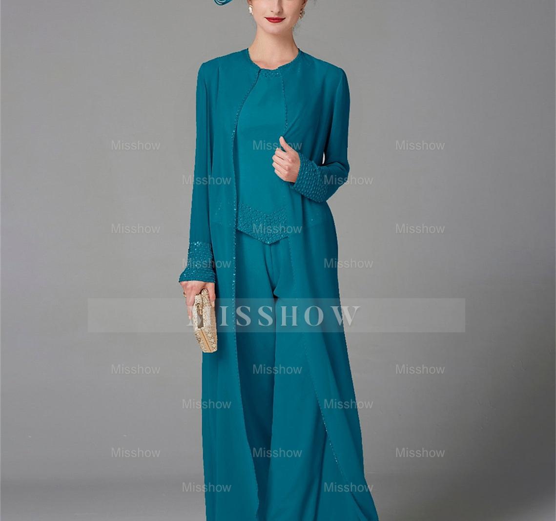 Long-Sleeve Chiffon Mother of the Bride Pantsuit with Jacket and Sequins