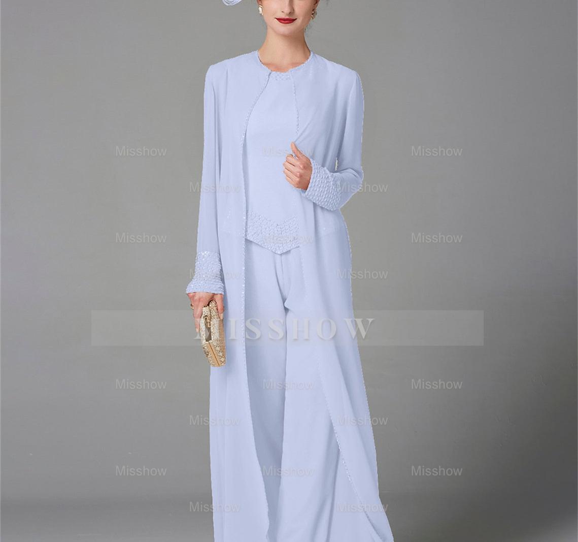 Long-Sleeve Chiffon Mother of the Bride Pantsuit with Jacket and Sequins