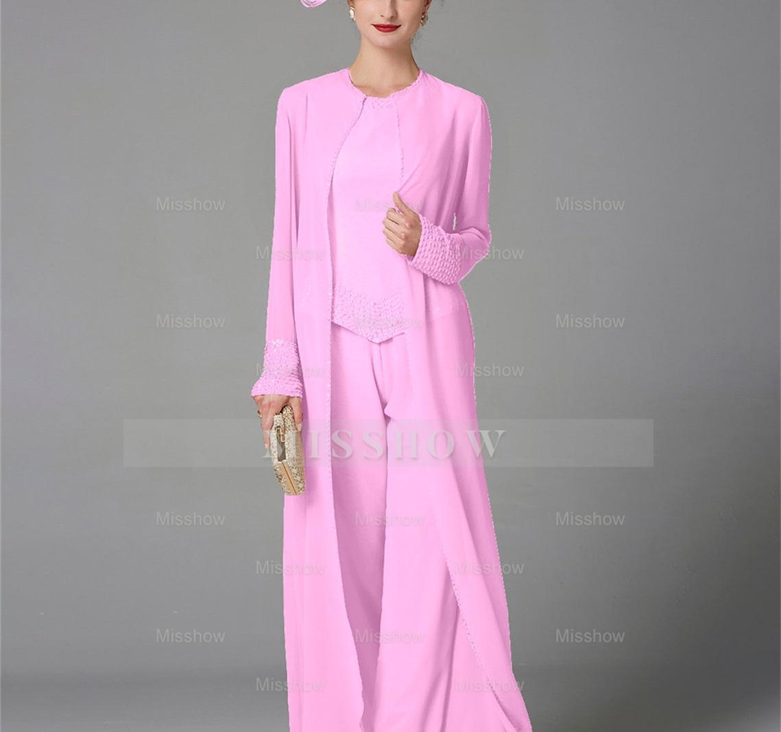 Long-Sleeve Chiffon Mother of the Bride Pantsuit with Jacket and Sequins
