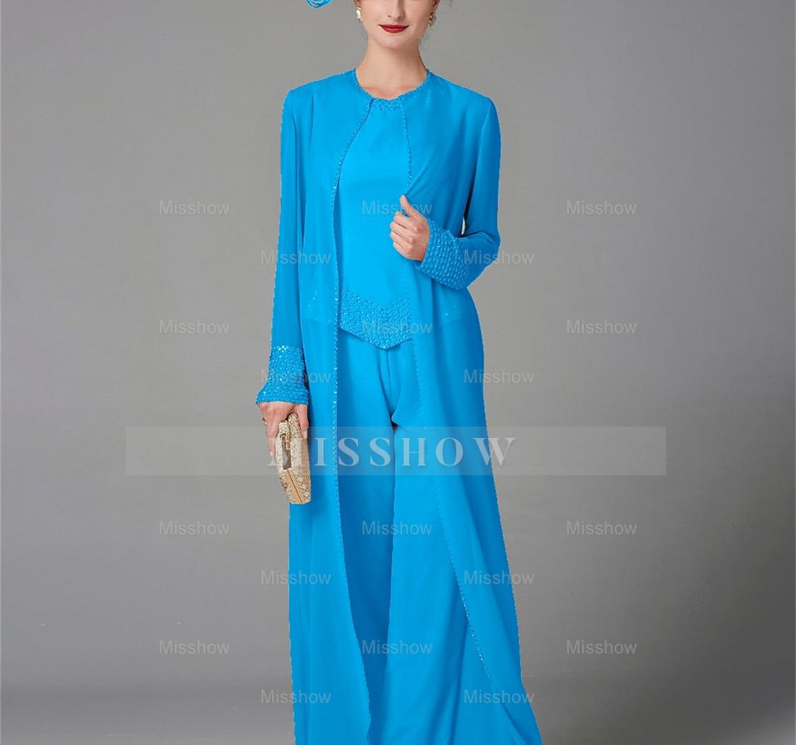 Long-Sleeve Chiffon Mother of the Bride Pantsuit with Jacket and Sequins