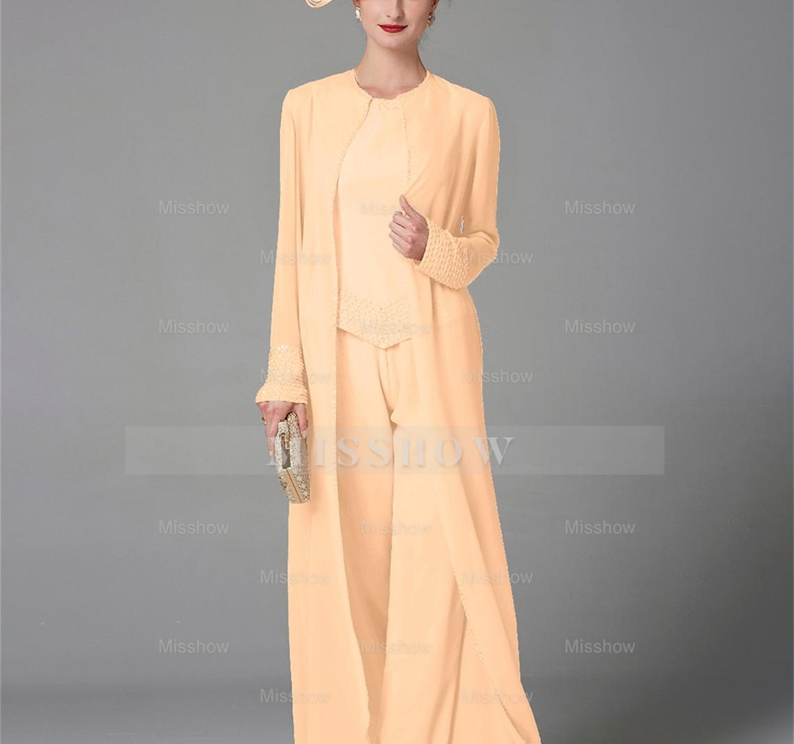 Long-Sleeve Chiffon Mother of the Bride Pantsuit with Jacket and Sequins
