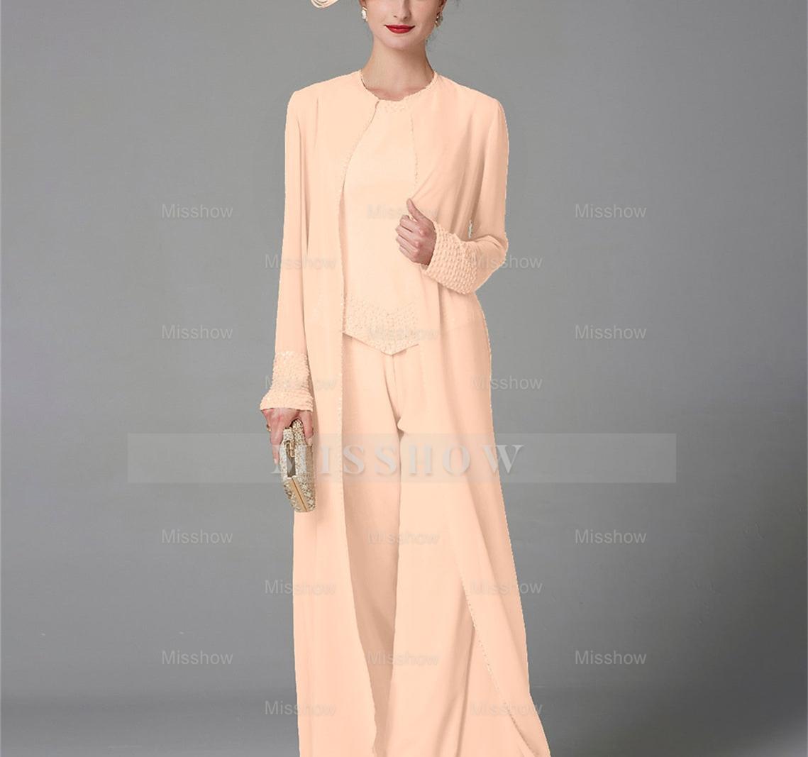 Long-Sleeve Chiffon Mother of the Bride Pantsuit with Jacket and Sequins