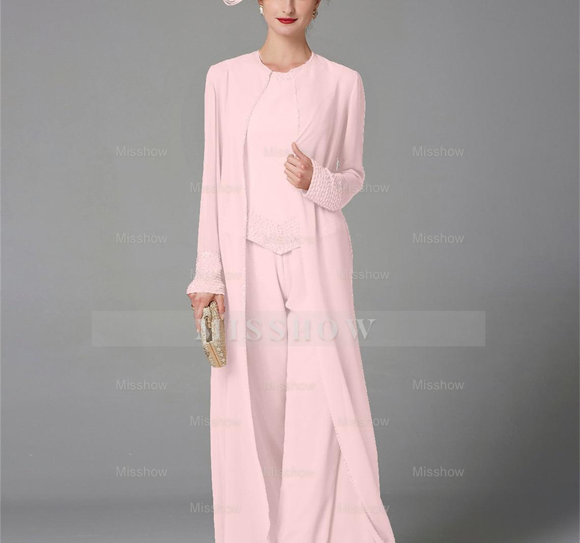 Long-Sleeve Chiffon Mother of the Bride Pantsuit with Jacket and Sequins