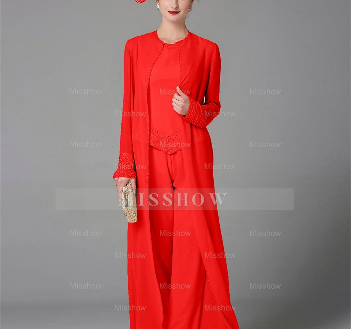 Long-Sleeve Chiffon Mother of the Bride Pantsuit with Jacket and Sequins