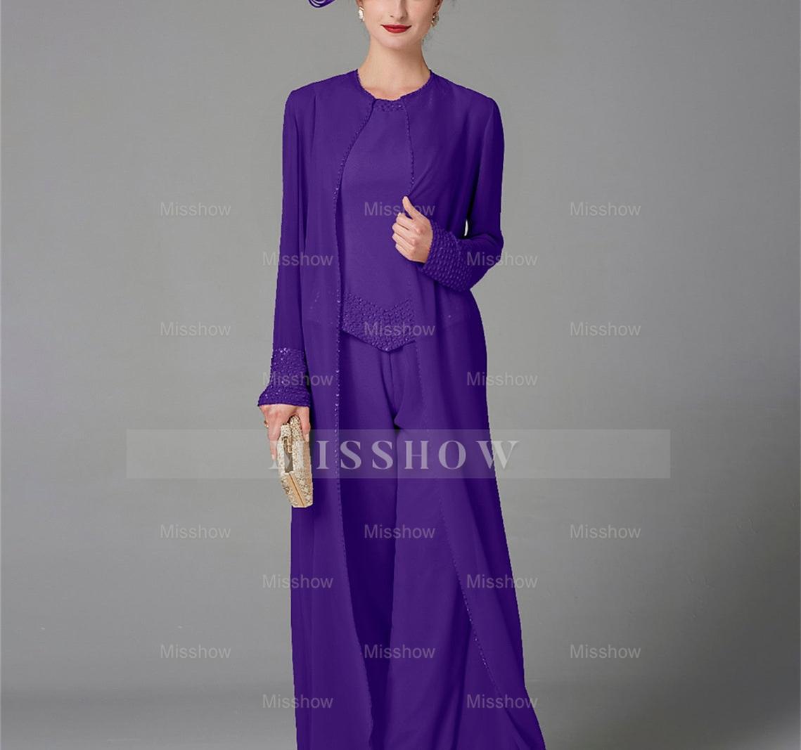 Long-Sleeve Chiffon Mother of the Bride Pantsuit with Jacket and Sequins